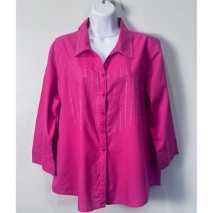 LASOLAS Women's Pink Rhinestone Button Down Shirt Blouse Western Top Size L